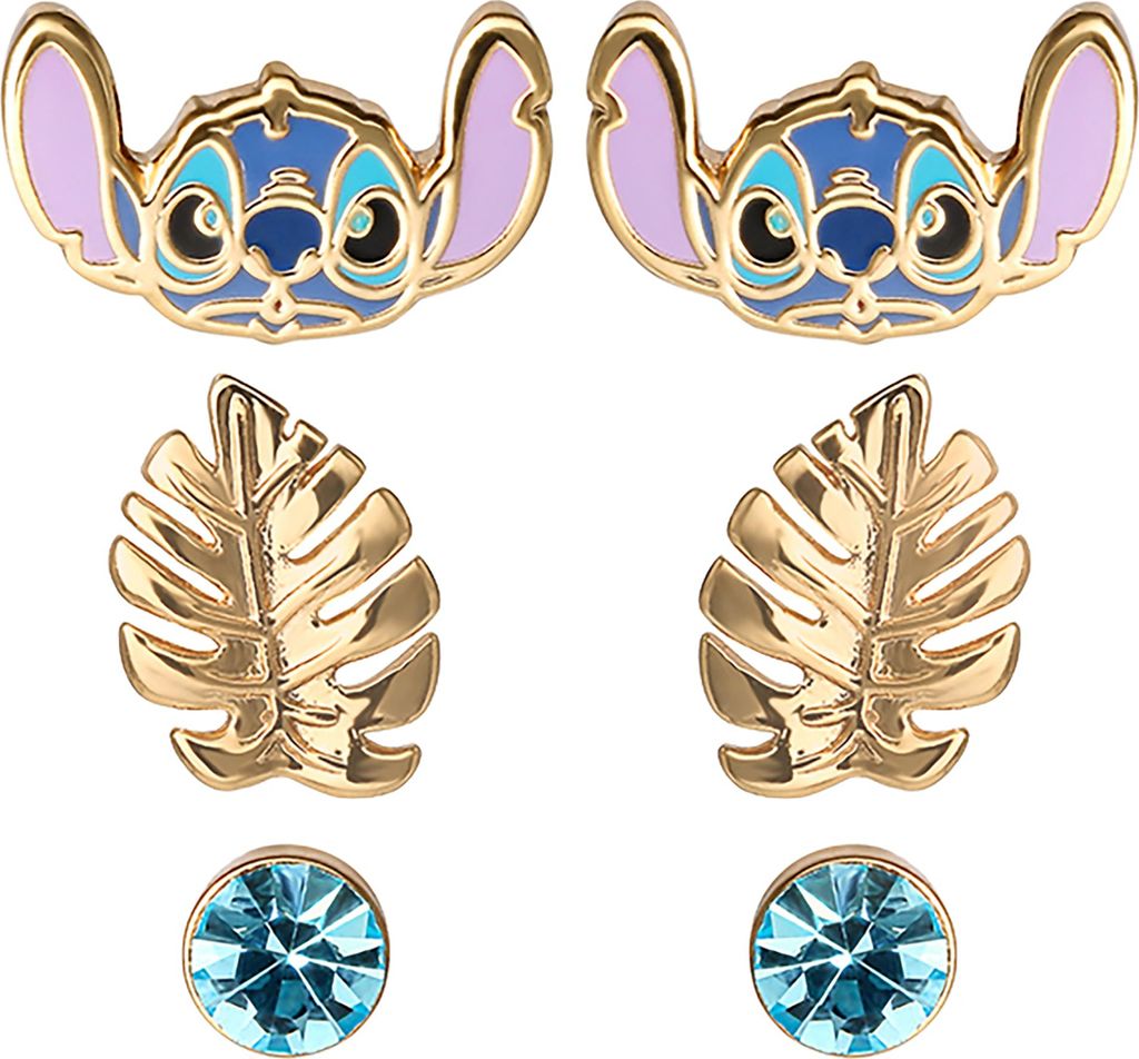 A set of three pairs of earrings against a white background.