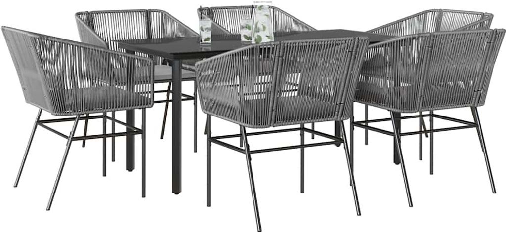 Maison Exclusive - 7-tlg. Garten-Essgruppe mit Kissen Grau Poly Rattan Glas