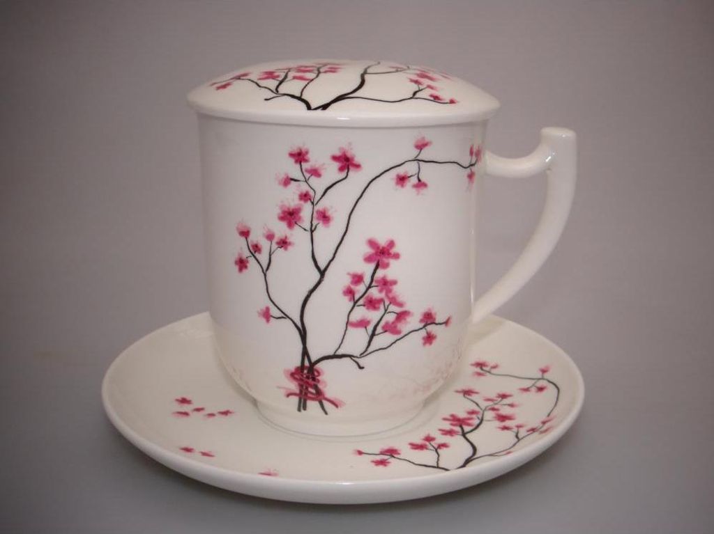 Teetasse mit Teesieb CHERRY BLOSSOM 380ml weiß rosa Porzellan TeaLogic