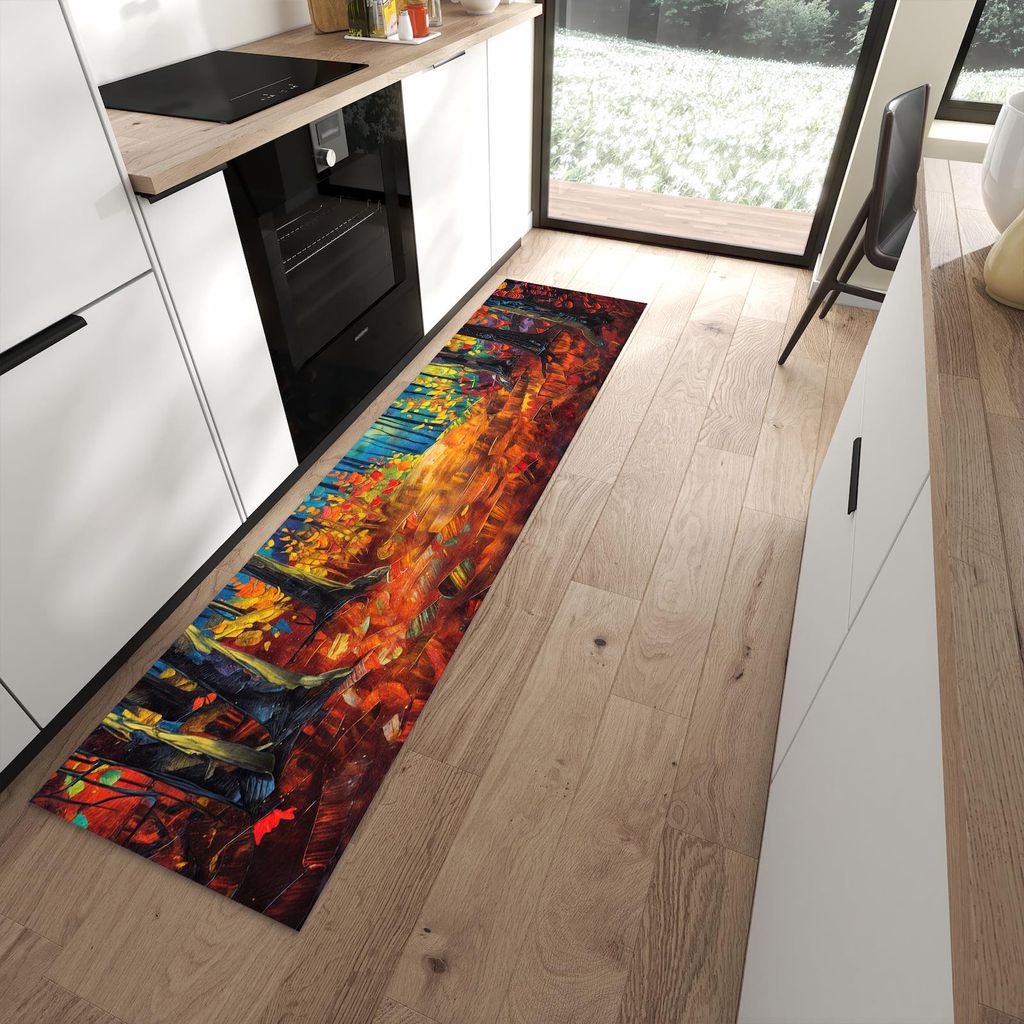 Küchenteppich 60x240cm rutschfest & abwischbar PVC Läufer - Herbstwald Pfad