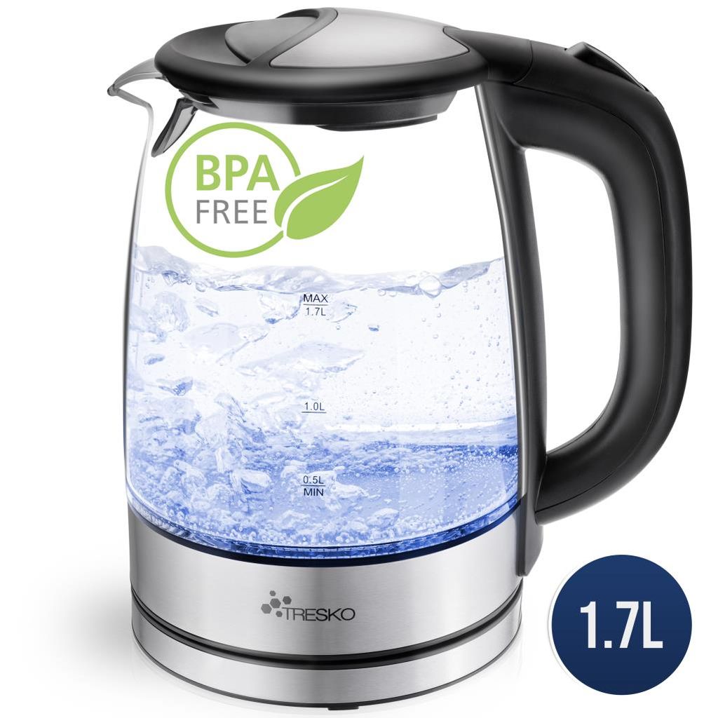 TRESKO Wasserkocher Glas 1,7L Glaswasserkocher LED Edelstahl 2200W Teekocher BPA 
