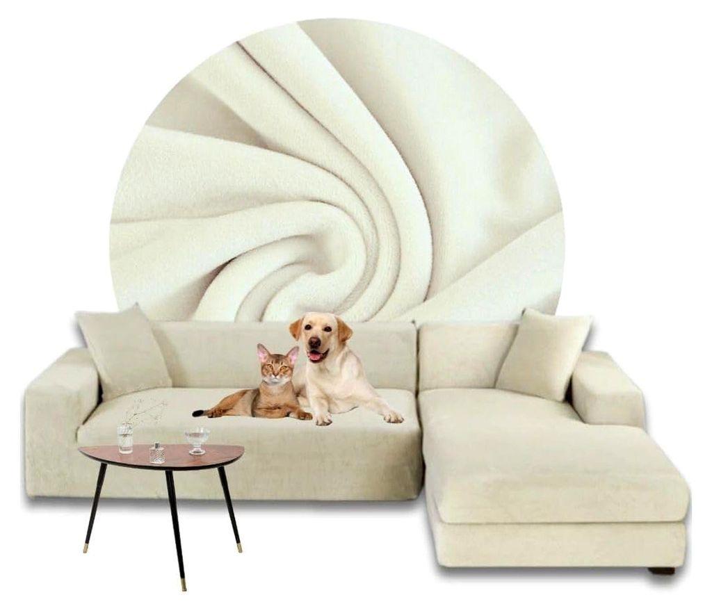 Ecksofa Bezug Creme – Sofabezug L-Form – Eckcouch Sofaüberwurf – Lounge Abdeckung L-Form – Couchbezug Samt Stretch – Sofahusse für Schl...