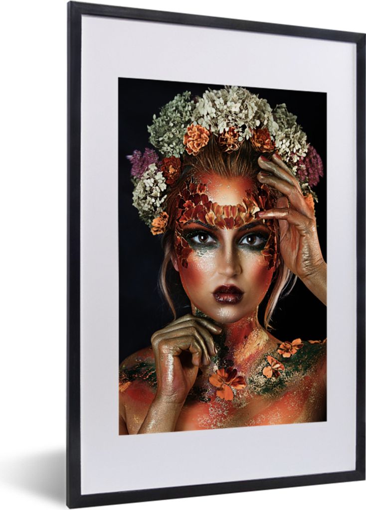 MuchoWow MuchoWow Gerahmtes Poster Blumen - Frau - Krone 40x60 cm - Poster mit zchwarzem Bilderrahmen - Poster in Rahmen