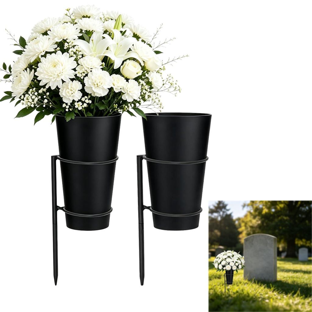 Grabvasen mit Erdspieß, 2er-Set, schwarz, Metall, 34,5 cm