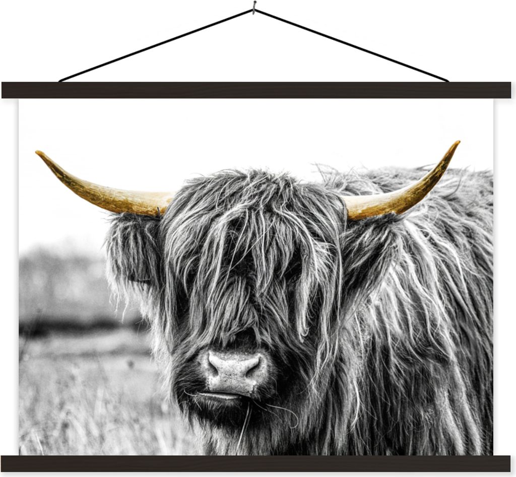 MuchoWow Textilposter Schottisches Hochlandrind - Kuh - Schwarz - Gold 40x30 cm mit schwarzem Rahmen - Dekorationen
