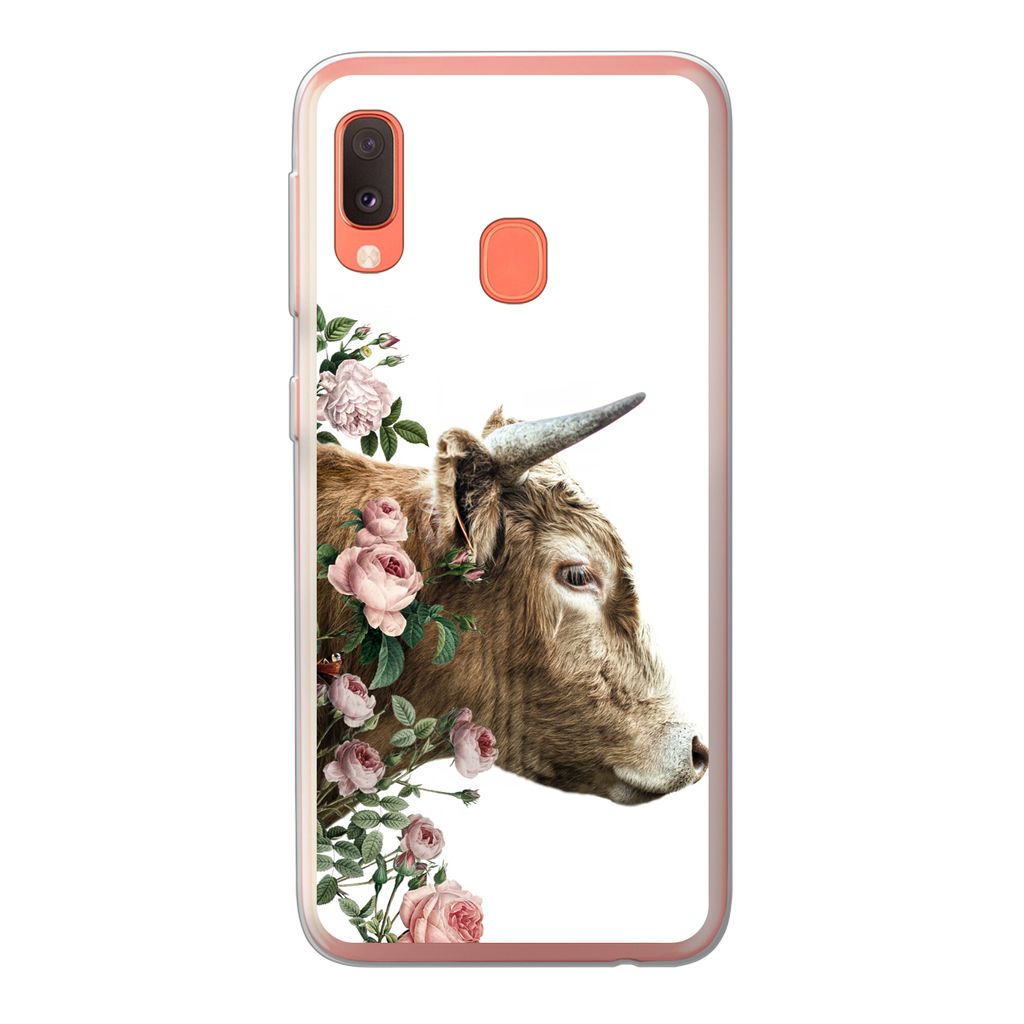MuchoWow Handyhülle Schutzhülle Hülle für Samsung Galaxy A20e Schottischer Highlander - Kuh - Blumen Silikon Softcase Handy Hülle - Abdeckung