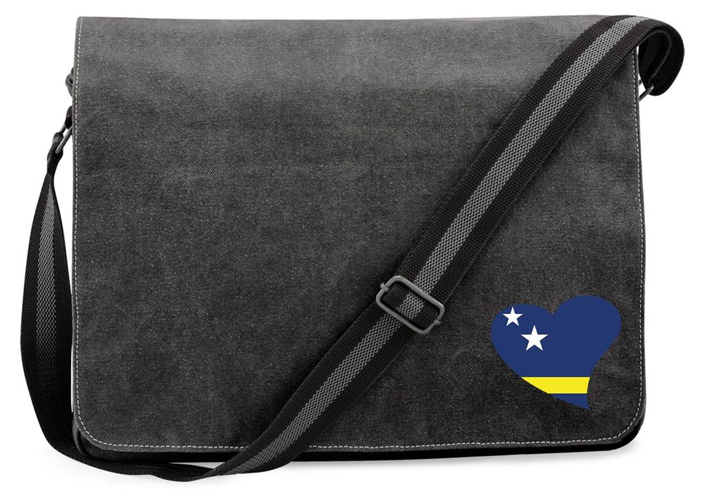 Huuraa Umhängetasche Curacao Flagge Herz 14 Liter Black Canvas Laptoptasche Geschenkidee