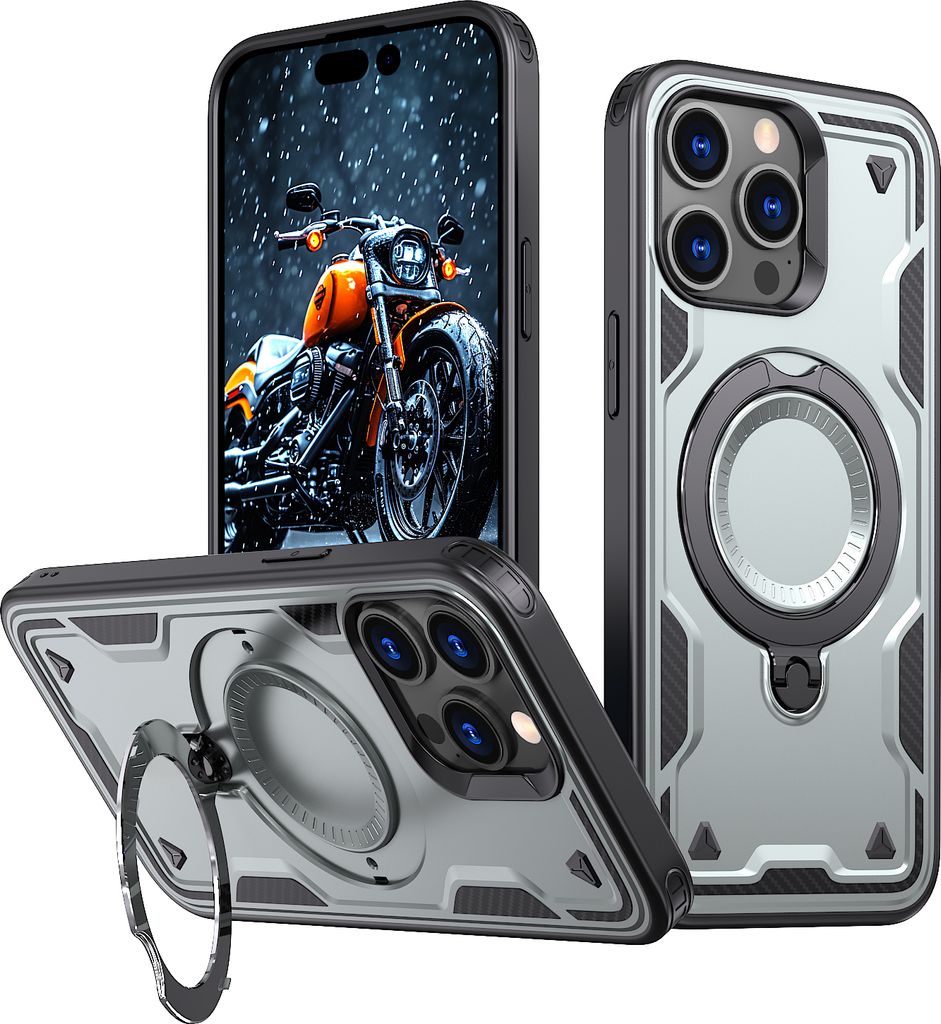 Dual Layer Hülle für iPhone 15 Pro Metall Ring Ständer Magnetisch Stoßfest Militär Handyhülle Grau