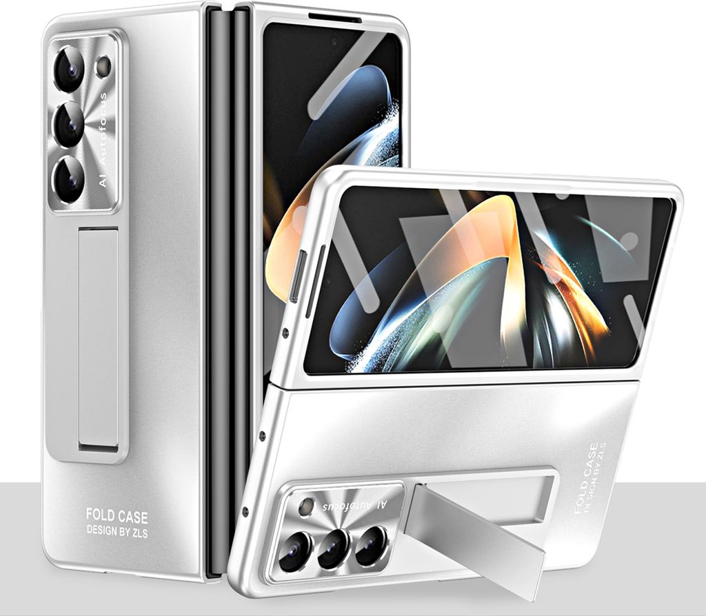 Hülle für Samsung Galaxy Z Fold 5 Hart PC Stander Schutzhülle mit Displayschutz / Linsenschutz Silber