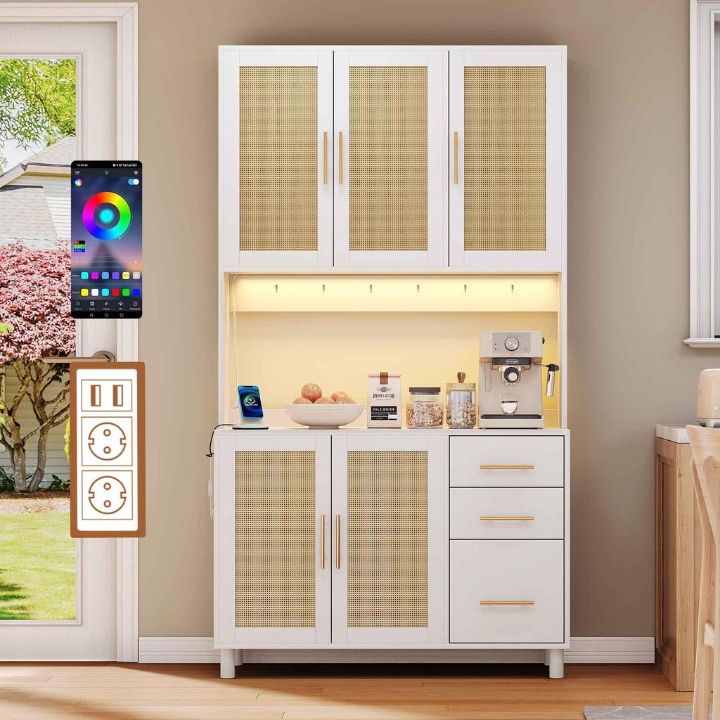 Multifunktionaler Rattan-Küchenschrank mit LED, USB & Steckdosen, viel Stauraum, goldene Griffe, ideal für Esszimmer & Küche, 100x40x183cm