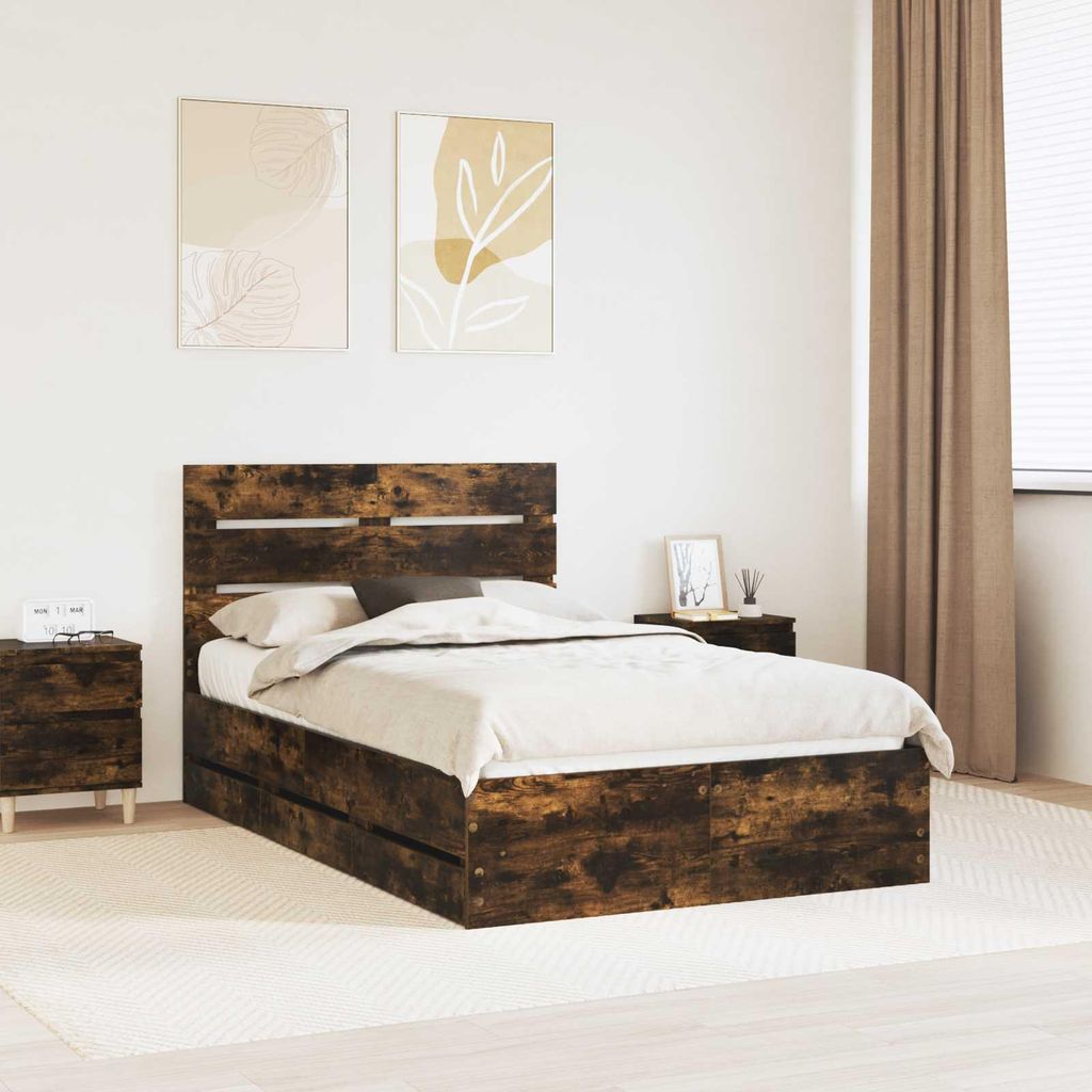 "Schlussverkauf" Einzelbett 1 PLACE - bettrahmen moderne - Geräucherte Eiche 120x200 cm Ingenieurs Holz C2236