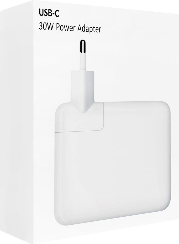 A white box with a white power adapter partially visible inside.