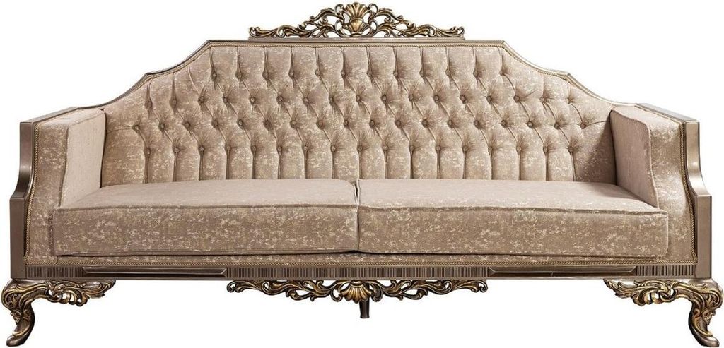 Casa Padrino Luxus Barock Sofa Grau / Beige / Silber / Gold - Prunkvolles Wohnzimmer Sofa mit Muster - Barock Wohnzimmer Möbel - Edel & Prunkvoll
