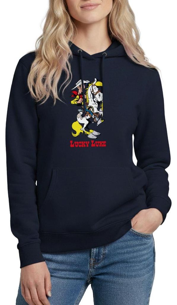 Spreadshirt Lucky Luke mit Pferd Jolly Jumper Damen Hoodie, M, Navy