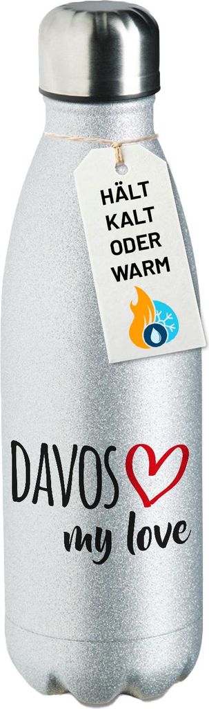 Huuraa Trinkflasche Davos my love 500ml Silver Edelstahl Wasserflasche Trinkflasche Geschenkidee
