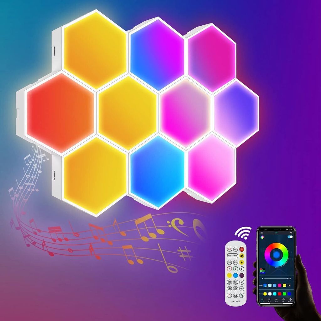10 Stück RGB Sechseck Wandleuchte, App-Steuerung Fernbedienung, Hexagon RGB Panel Musik Sync Smart LED Licht Wandpanel für Gaming Stimmungslichter
