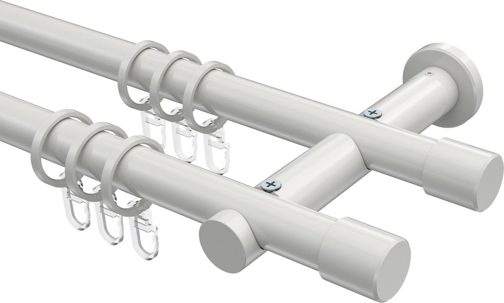 Interdeco Gardinenstange / Vorhangstange Weiß, Typ Platon Santo (Kappe), 20 mm Ø 2-läufig, 320 cm