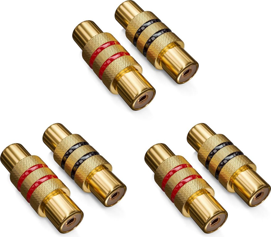 deleyCON 6 Stück Cinch Kupplung Set - 3x Schwarz, 3x Rot - Audio Video Adapter - RCA Buchse zu Buchse Verbindungsstück