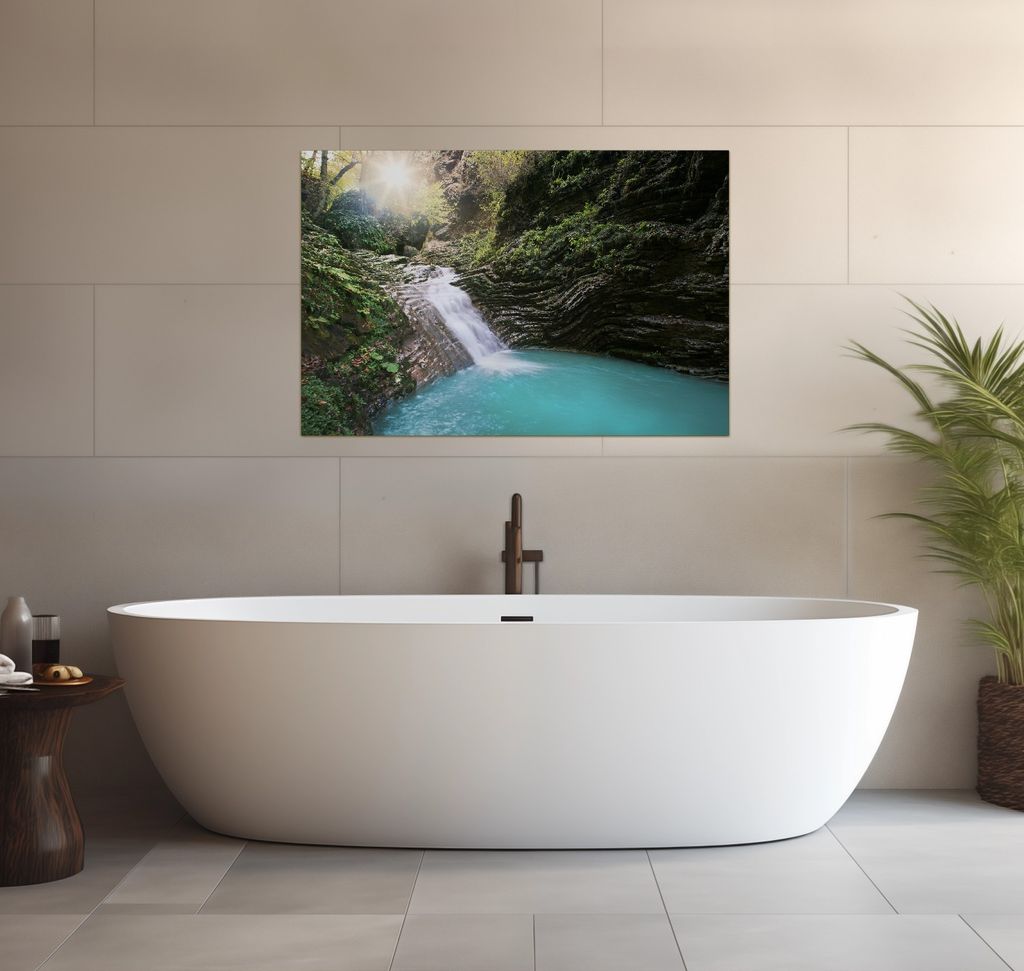 Wallario wasserfestes Poster selbstklebend 91,50 x 61 cm, Wasserfall in einen verborgenen See, Badezimmerposter Spritzschutz mit Hochglanzoberfläc...