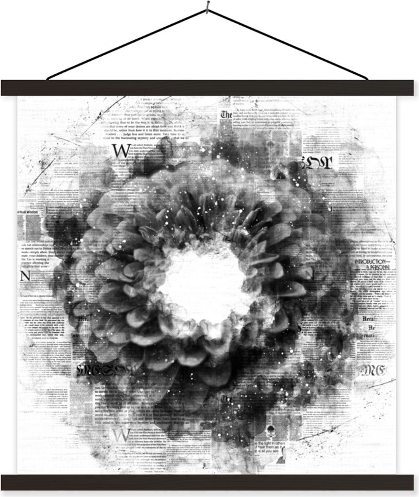 MuchoWow Textilposter Blumen - Zeitung - Rauch - Schwarz - Weiß 90x90 cm mit schwarzem Rahmen - Magnetisches