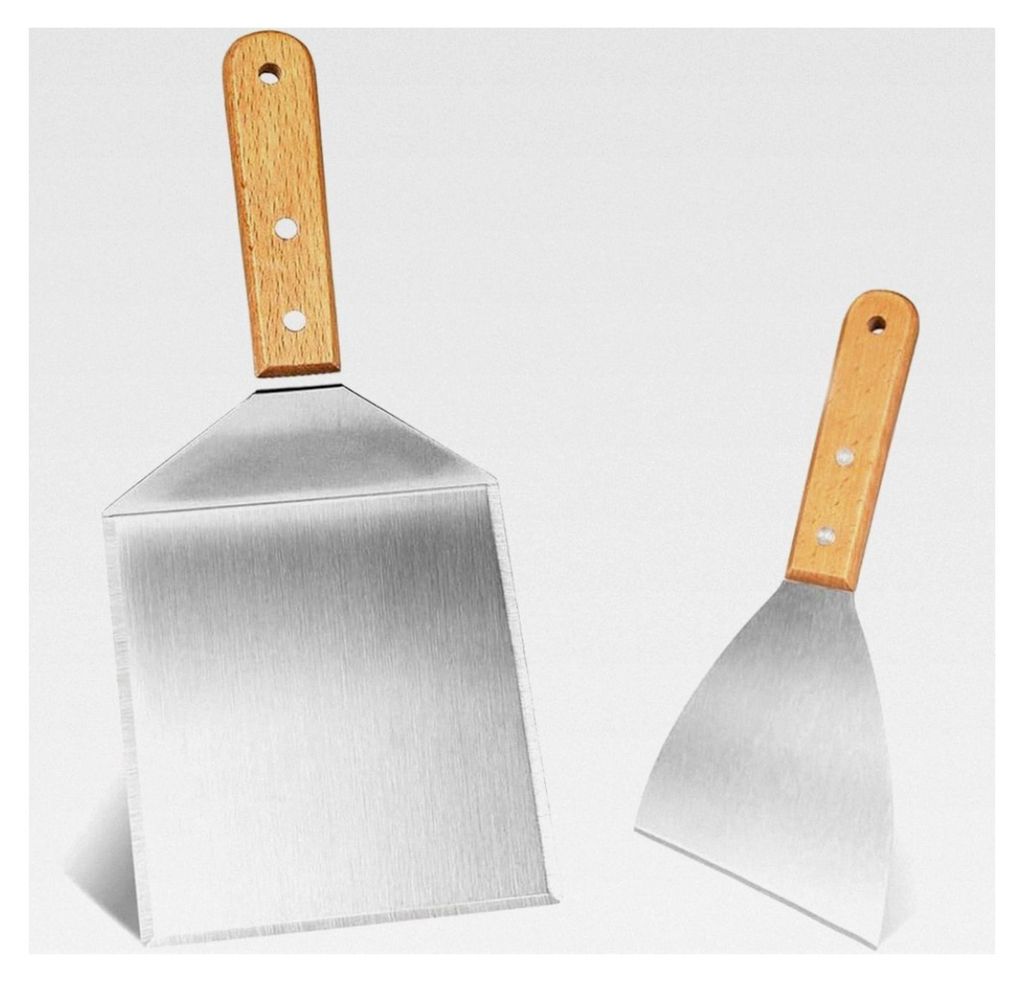 2-teiliges Grillspachtel-Set mit Holzgriff, Edelstahl-Grillwender für Burger, Teppanyaki, Barbecue, Steak und Pizza