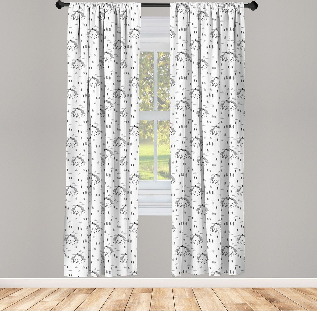 ABAKUHAUS Landschaft Vorhänge, Gardinen, Übersichtliches Design von Bergspitzen auf nebeligen Hintergrund mit Fichten, 2 Stück 75 x 225 cm, , We...