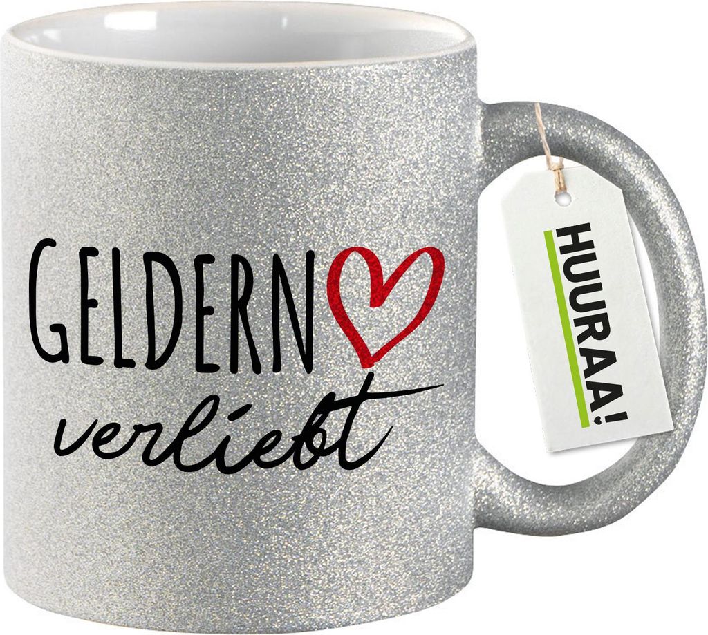 Huuraa Glitzertasse Geldern verliebt 330ml Silber Keramik Kaffeebecher Geschenkidee