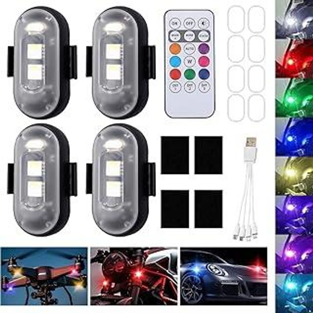 4 Stück Kabellose Led Lichter, 8 Farbiges Strobe Drone Light, Fernbedienung Blitzlicht mit Fernbedienung, USB-Aufladung Antikollisionslichter,LED ...