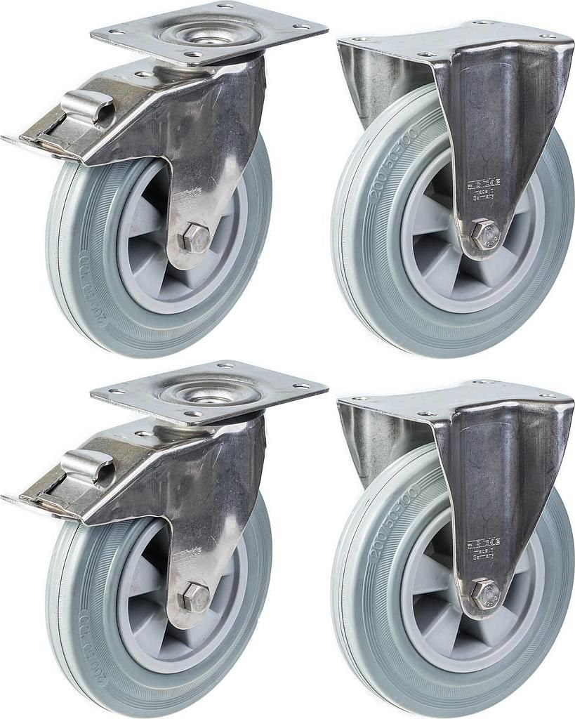 200mm 8" Edelstahlrollen grau Gummi, Bremse & feststehend, 820kg, 4er Set