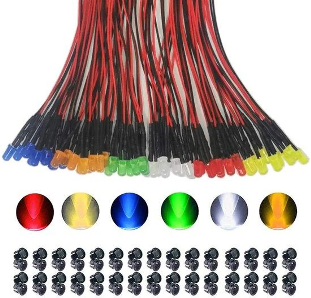 Lot de 60 lampes LED 5mm 12V multicolores avec bagues de fixation murale