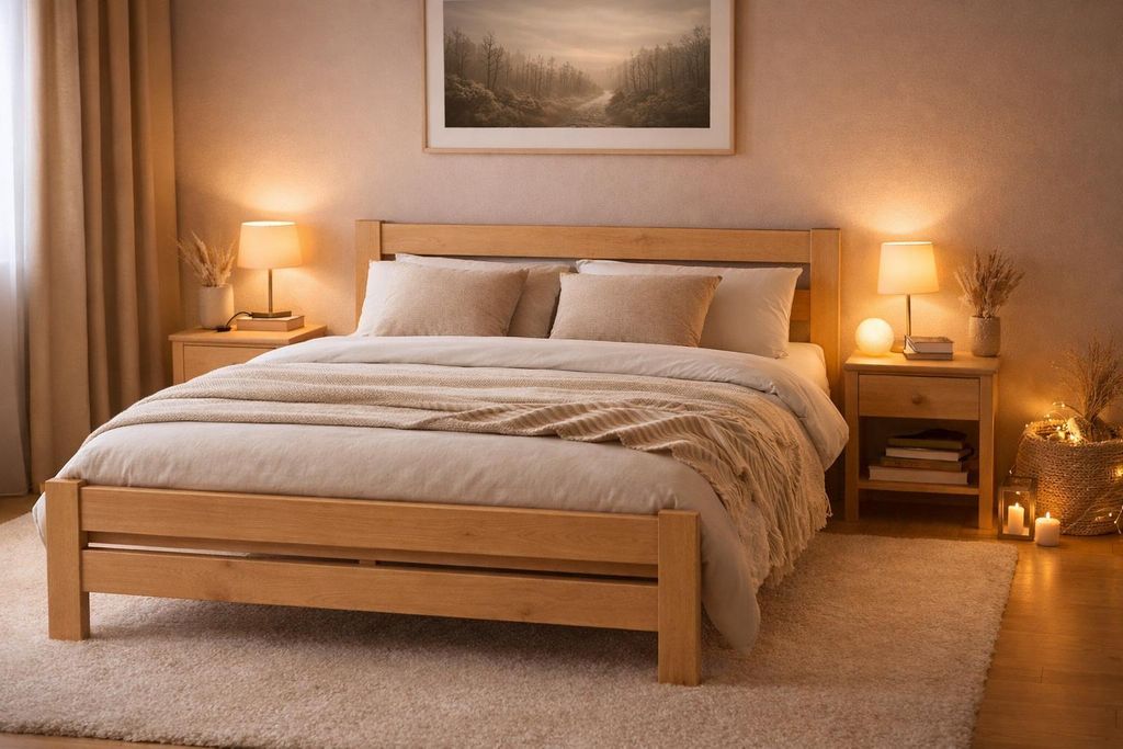 A cozy bedroom scene with a wooden bed as the focal point, decorated with soft lighting and warm textiles.
