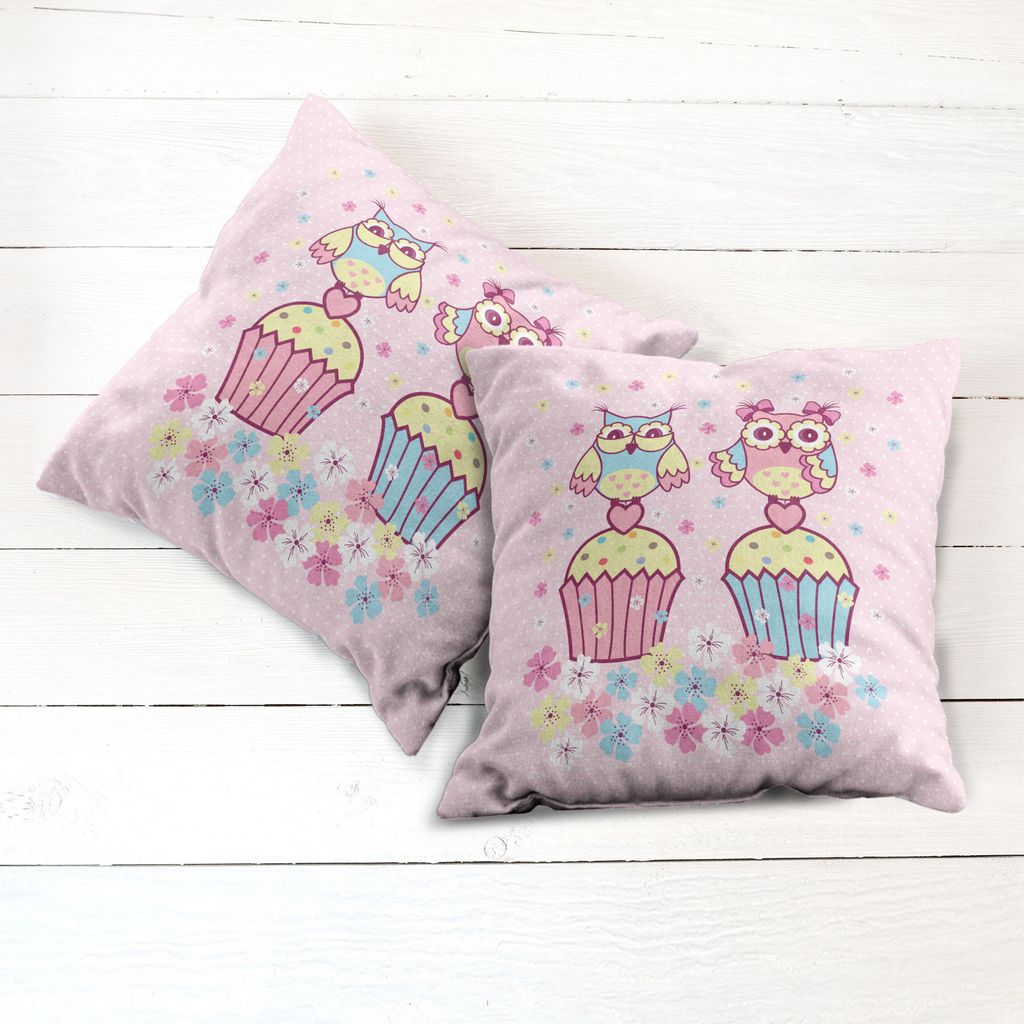 ABAKUHAUS Eulen Kissenbezug Set (2Stück), Zwei Eule Paare auf Cupcakes Springtime Happiness romantische Kinder Kunst, 45x45cm, Pale Pink Sky Blue