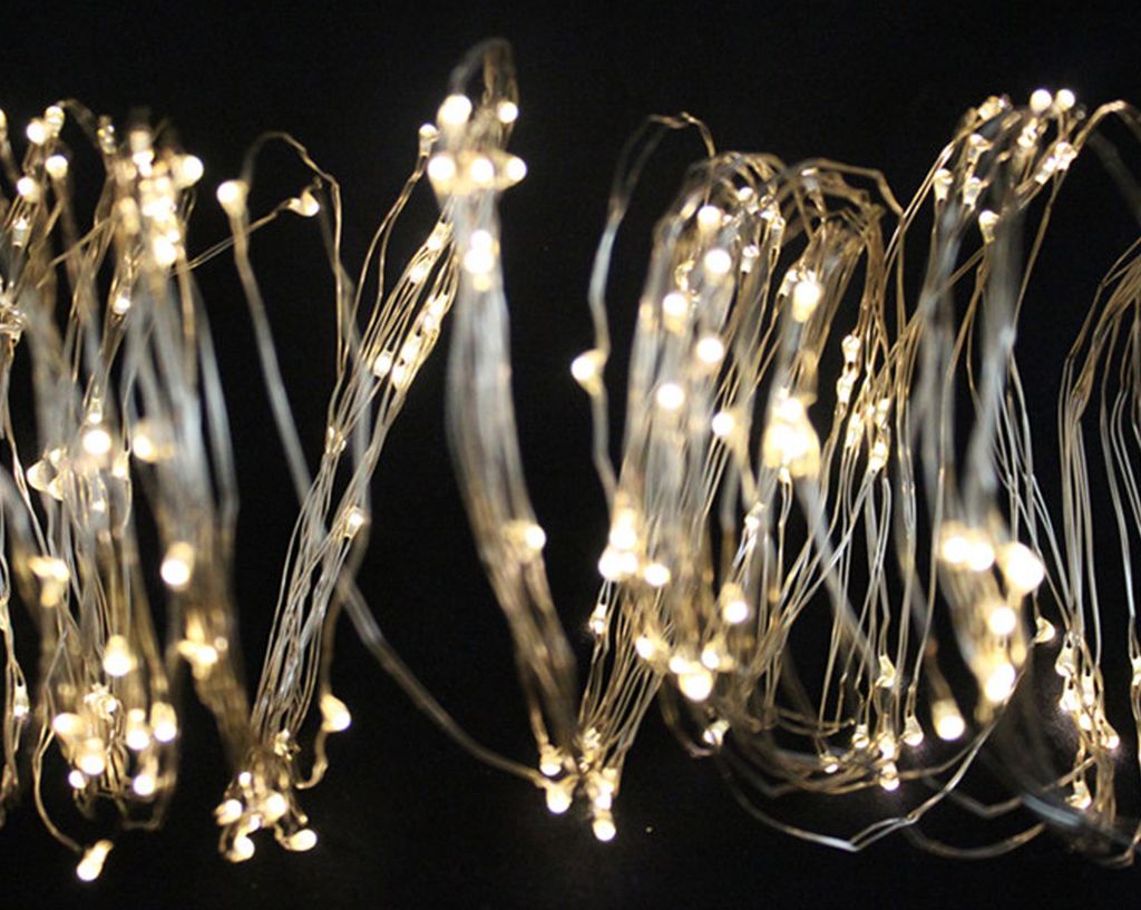 A close-up view of a string of fairy lights with many small LED bulbs.