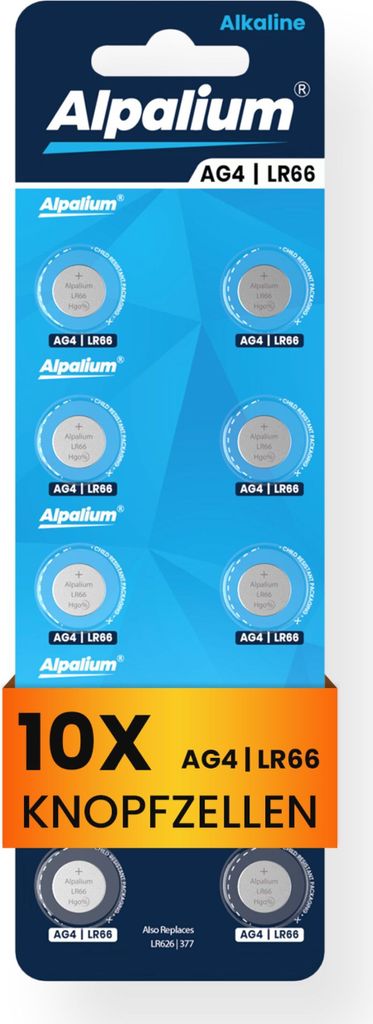 AG4 / LR66 / 626 Knopfzellen - 10 Stück, Alpalium Alkaline, Uhrenbatterien