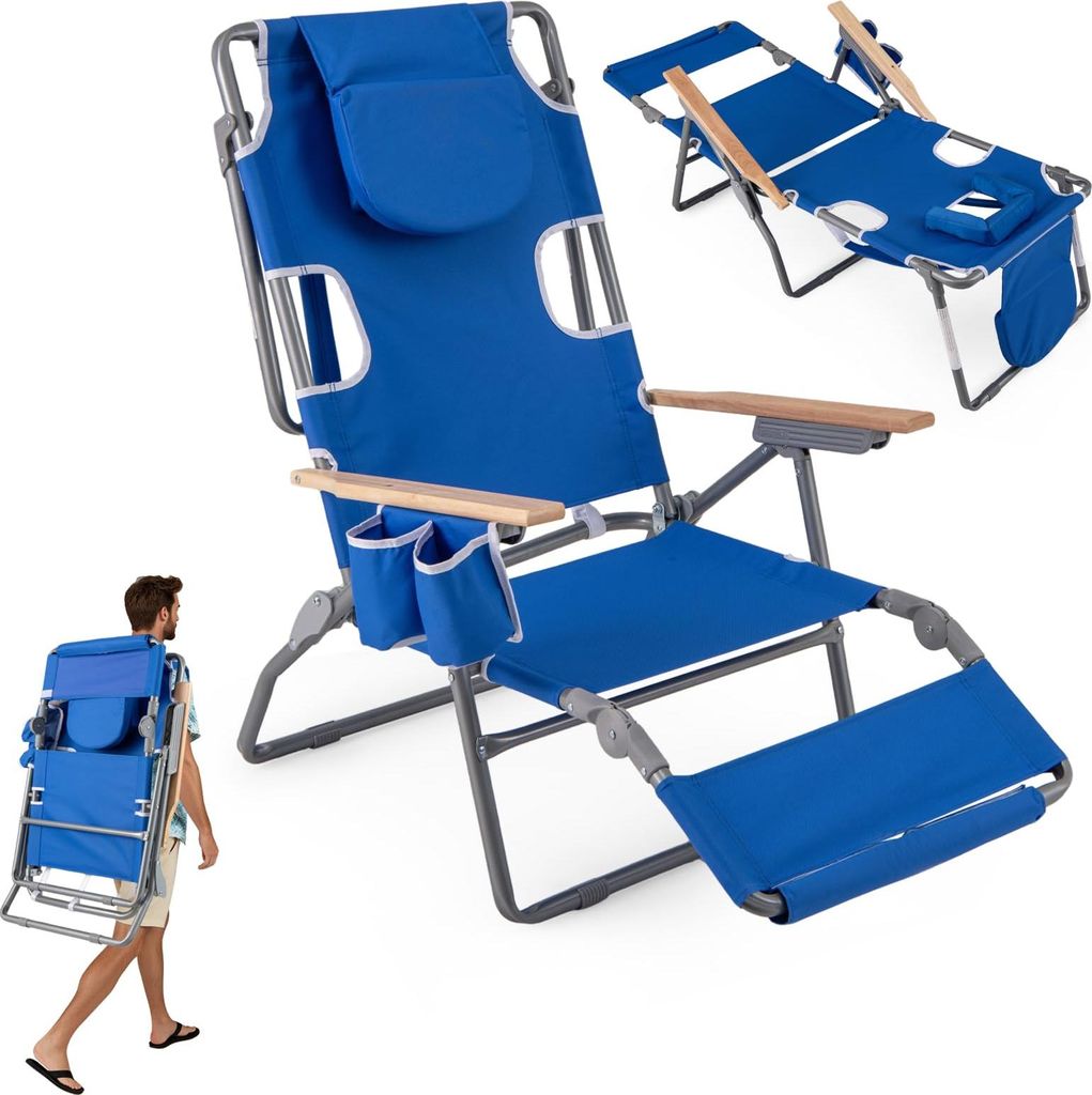 GOPLUS 3-in-1 Strandliegestuhl, Outdoor-Liege mit Gesichtsaussparung, verstellbare Rückenlehne, Handtuchhalter, Faltbarer Sonnenliegestuhl für Pool