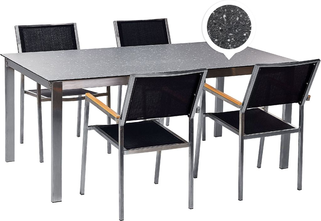 BELIANI Gartenmöbel Set 7-Teilig Schwarz Edelstahl 4 Stühle Polyester Tisch 180x90 cm Sicherheitsglas Keramik Gartenausstattung Terrasse Outdoor ...