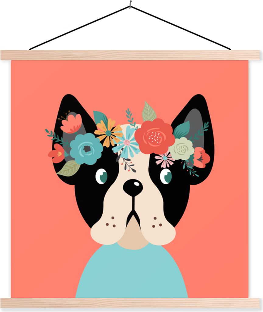 MuchoWow Textilposter Hund - Blumen - Rosa 60x60 cm mit holzfarbenen Rahmen - Wanddekoration