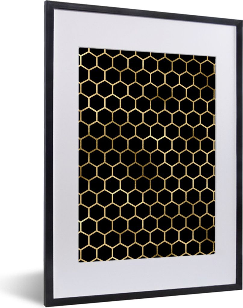 MuchoWow Gerahmtes Poster Muster - Sechseck - Gold 30x40 cm - Poster mit Schwarzem Bilderrahmen Wandposter Rahmen Foto Bilder - Wandposter Schlaf...