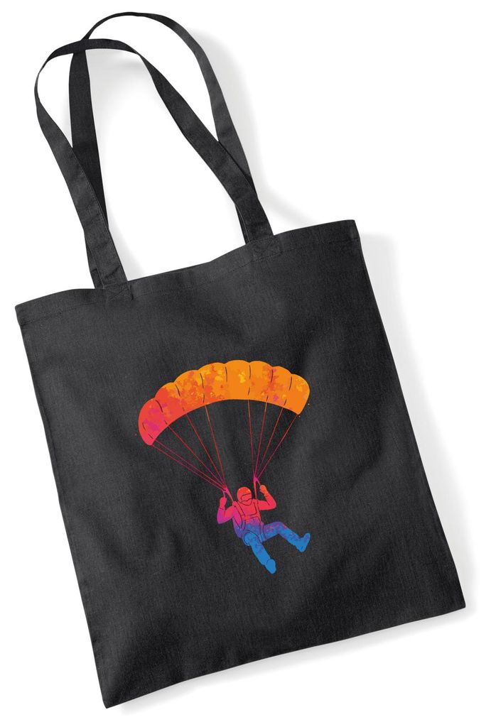 Huuraa Jutebeutel Fallschirmspringen bunte Silhouette 10 Liter Black Baumwolle Tasche Geschenkidee