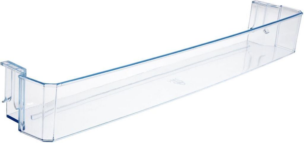 A clear plastic shelf for a refrigerator.