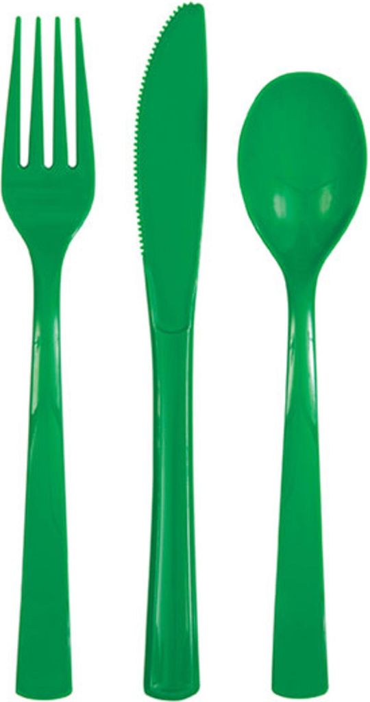 Three green plastic cutlery items (fork, knife, spoon) are arranged vertically on a white background.