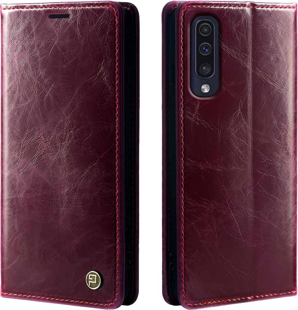 Handyhülle für Samsung Galaxy A50 Kunstleder Flip Vintage Cover Hülle RFID Schutz Case Kartenfach Farbe: Weinrot