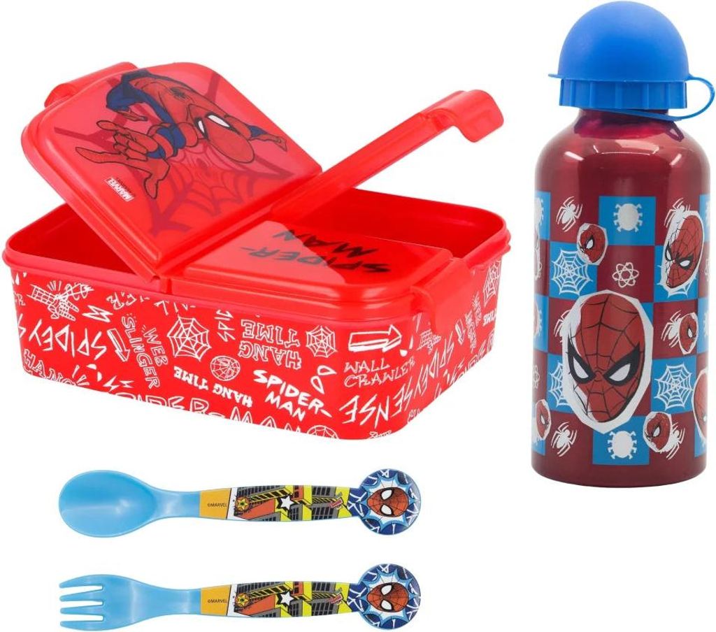 Marvel Spiderman 4 tlg Kinder Set 3 Kammern Brotdose Alu-Trinkflasche Besteck
