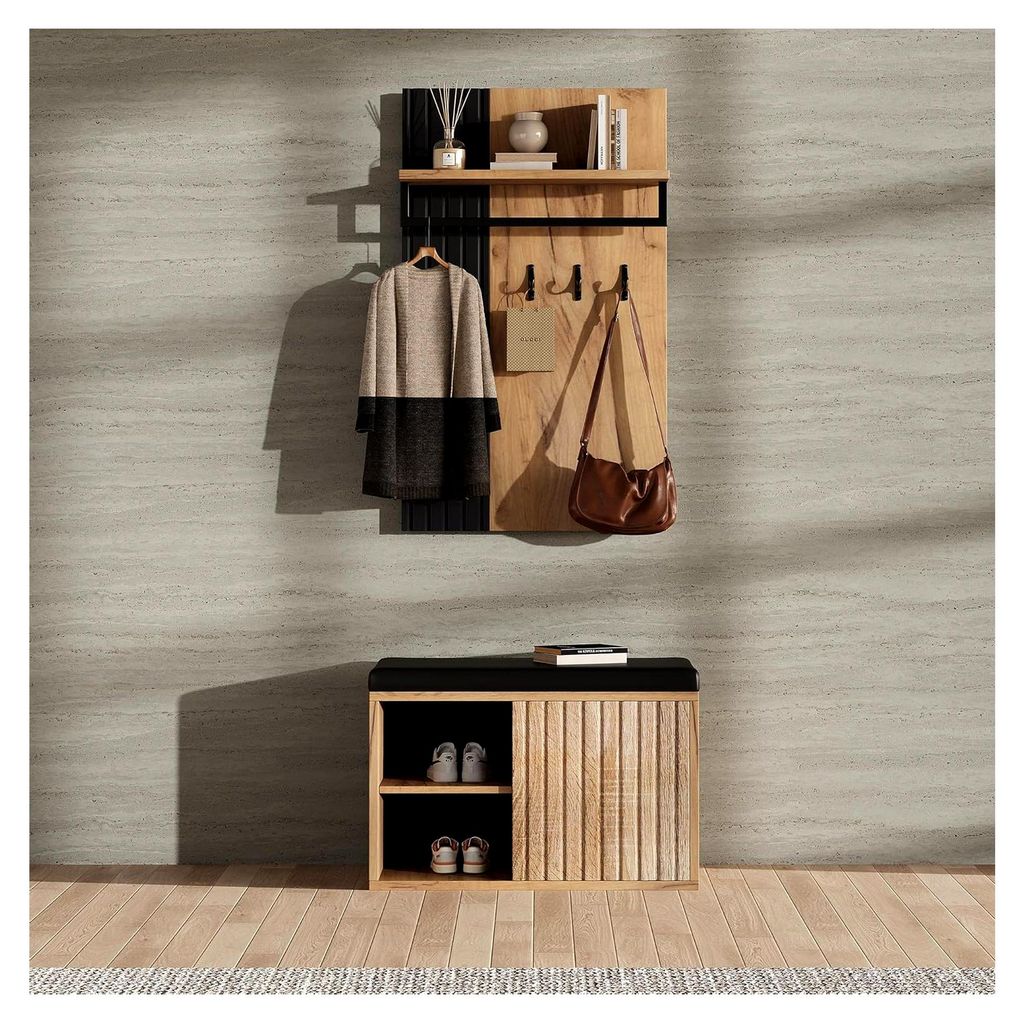 Garderobenset mit Schuhbank und Schuhschrank, Flurmöbel mit Rückwand und 3 Haken, Schwarz & Naturfarben, 70x36x146 cm