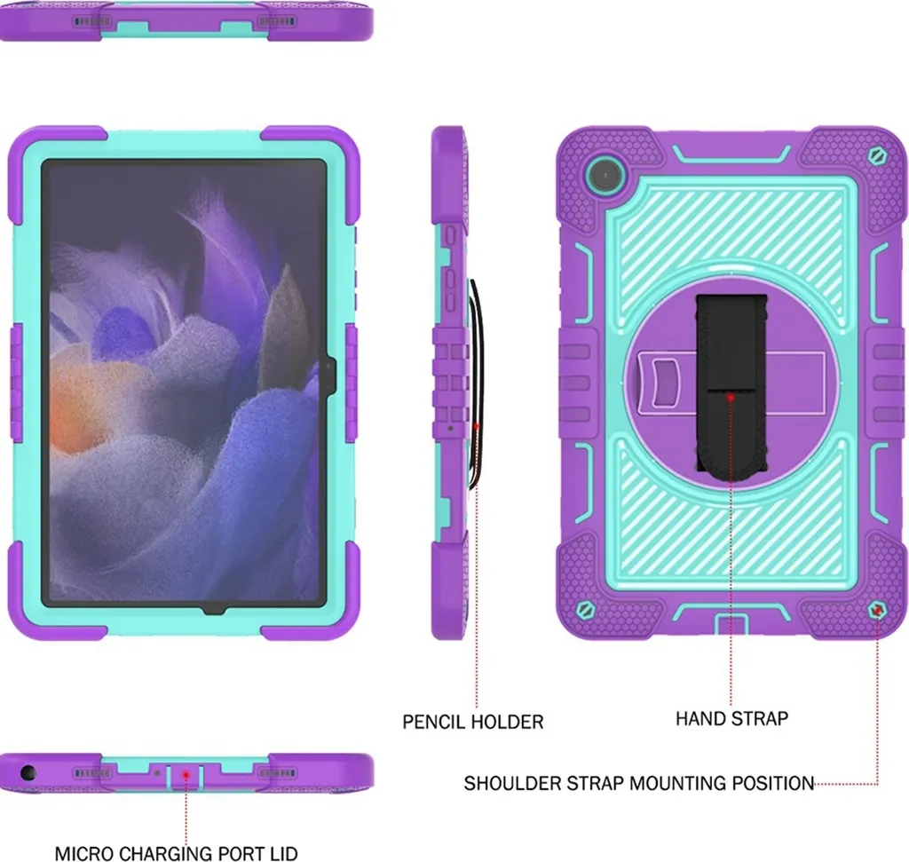 Per Samsung Galaxy Tab A9 Plus stand-up ibrido all'aperto viola / blu 360 gradi con cinghia di tenuta custodia tablet - 2
