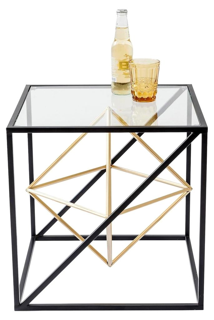 Beistelltisch Prisma Gold, eleganter Couchtisch aus Glas, Tisch mit Metall-Streben, 45x45x45 cm (H/B/T)