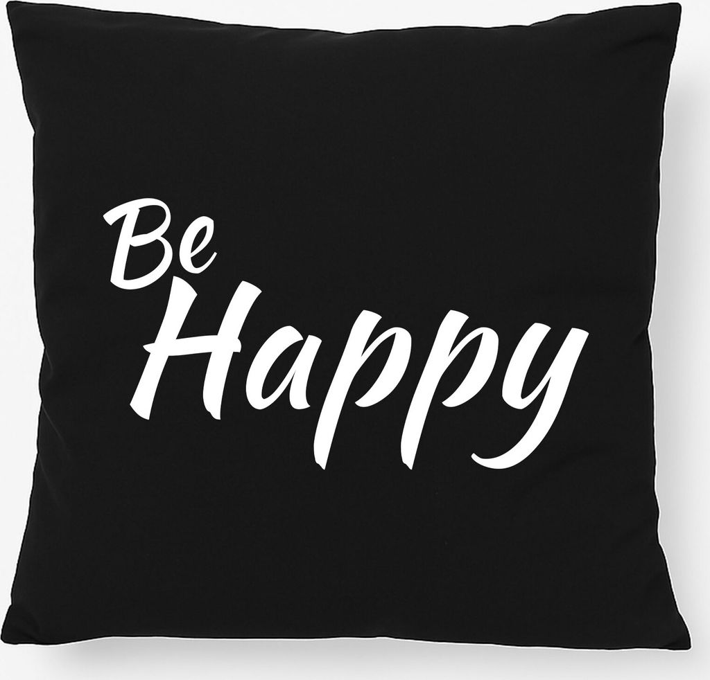 Huuraa Kissen Be Happy Schriftzug 40x40cm mit Füllung Black Baumwolle Dekokissen Geschenkidee