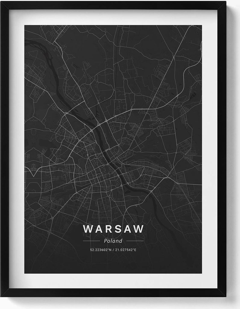Stadtplan Warschau Polen– Wandbild mit Rahmen – Gerahmtes Bild – Wanddekoration – 60x80 cm – Schwarz Rahmen