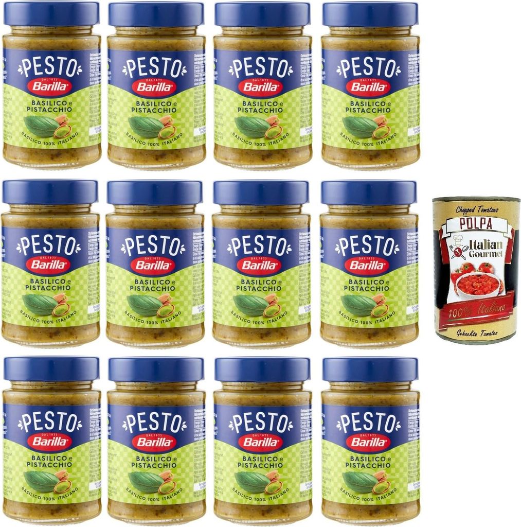 Barilla Pesto Basilico e Pistacchio Condimento e Sugo per Pasta Basilikum-Pistazien-Pesto-Gewürz und Pastasauce 12x190 g+ Italian Gourmet polpa 400g
