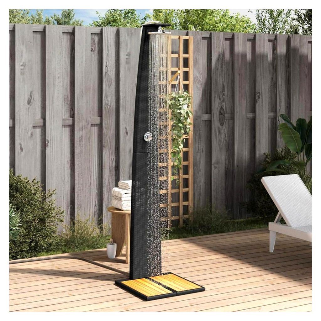 Gartendusche Schwarz aus PE-Rattan und Akazienholz, drehbarer Duschstrahl, UV-beständig für Garten oder Hinterhof